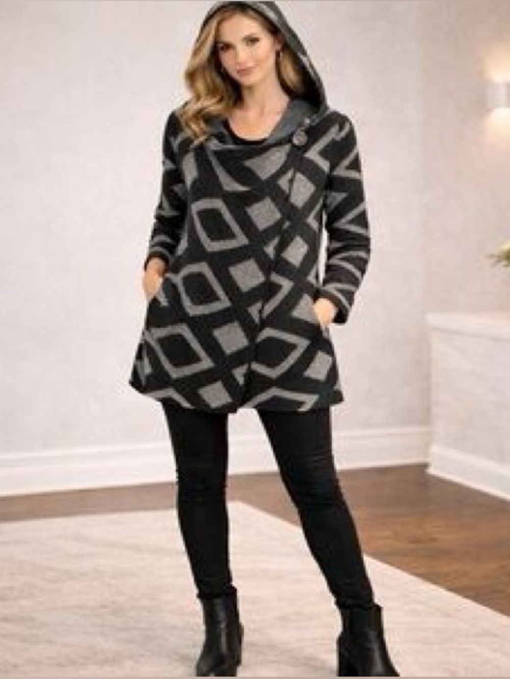 FYLO Hooded Geometric Knit Cowl Neck Sweater size M